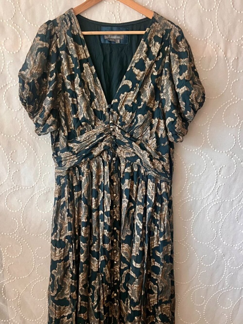 Anthropologie By Katerina Lurex Button-Front Midi Dress Gold 18W